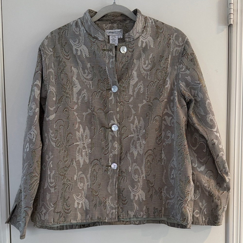 Coldwater Creek Tapestry Jacket Blazer Mandarin Collar Green Cream Size 12